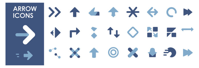 Fototapeta premium Set of modern blue arrow icons for web, app, and UI design elements.