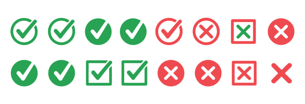 Green checkmarks and red crosses icons for confirmation, rejection, and decision making.