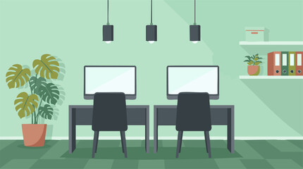 Fototapeta premium Modern office workspace with two computer desks and green interior design