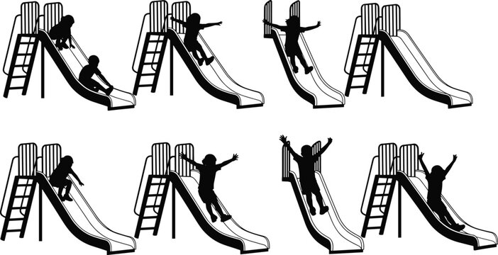 Children playground slide sequence, kids playing silhouettes vector illustration, outdoor activity set, child sliding actions, park equipment, playful motion collection, black and white icons