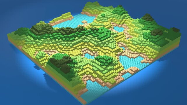 Pixelated terrain floats above deep blue water