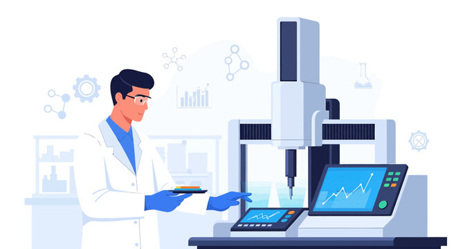 Scientist working with advanced laboratory equipment and digital display in research lab