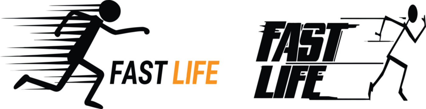 Two stylized designs of the phrase fast life with running figures
