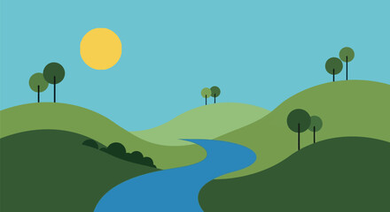 Fototapeta premium River flowing through green hills landscape.