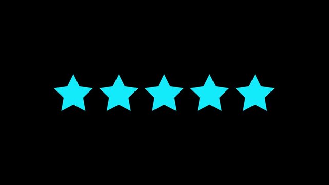 Rating star icon animation. Cyan glowing five star flat symbol animation with transparent black background. Customer feedback, 5 star rating 4k animation video