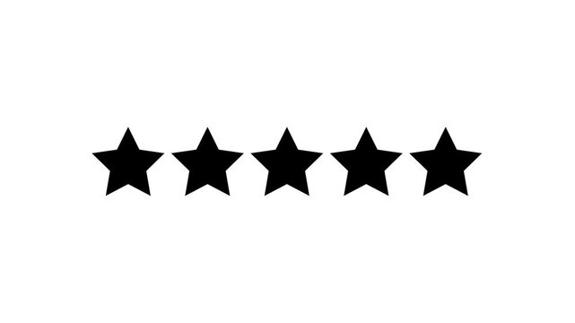 Rating star icon animation. Black glowing five star flat symbol animation with transparent White background. Customer feedback, 5 star rating 4k animation