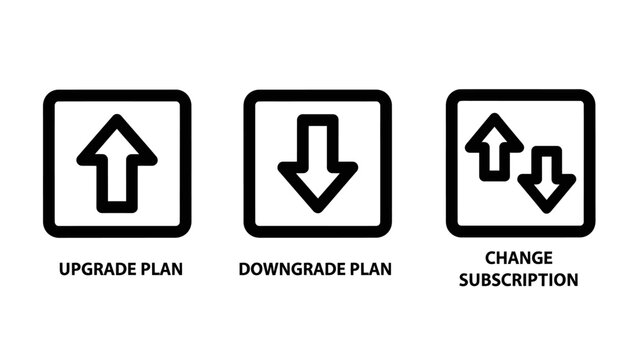 Subscription management icon set including upgrade plan with up arrow, downgrade plan with down arrow, and change subscription with dual arrows for account pricing and tier adjustments
