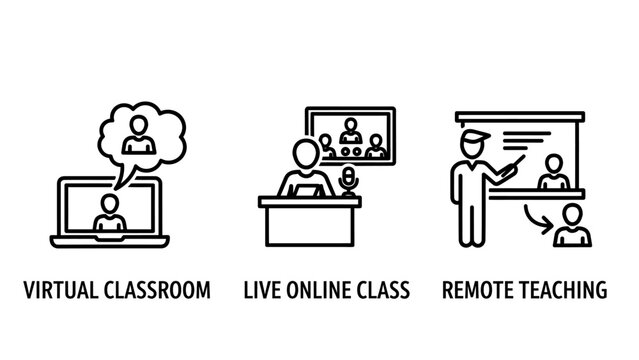 Set of educational icons depicting virtual classroom live online classes and remote teaching concepts for digital learning platforms