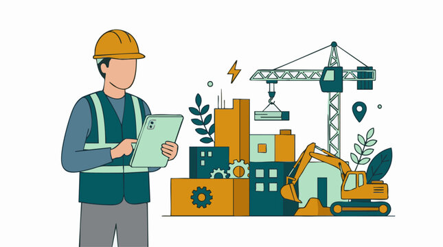 Construction engineer managing urban development project with digital tablet