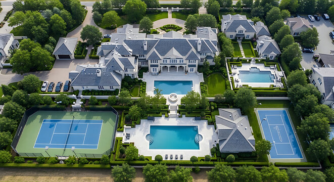 Aerial View of Luxury Estate with Tennis Courts and Swimming Pools