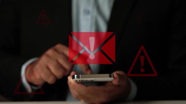 Email security and virus spam alert on Smartphone. Cyber scam or online fake text warning. Businessman using mobile phone getting alert. 4k Video.