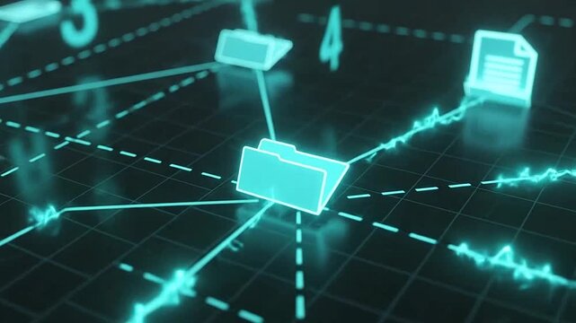 Glowing neon data visualization with files and connections on a grid background.