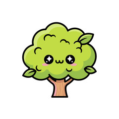 Fototapeta premium Cute cartoon tree with smiling face and vibrant green leaves 