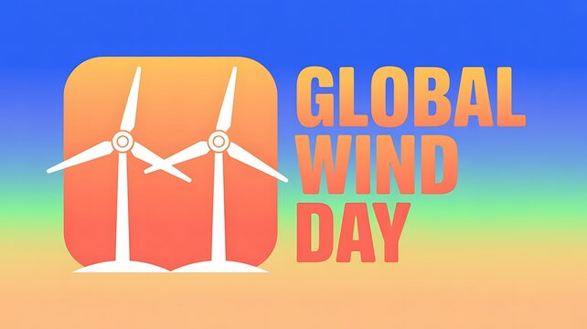 Global wind day graphic with two windmills inside a rounded square with wind turbine with wind energy