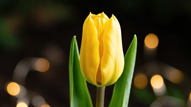 Close up of a partially opened yellow tulip bud with two green leaves in the foreground, set against a dark blurred background with warm golden circular bokeh light effects.