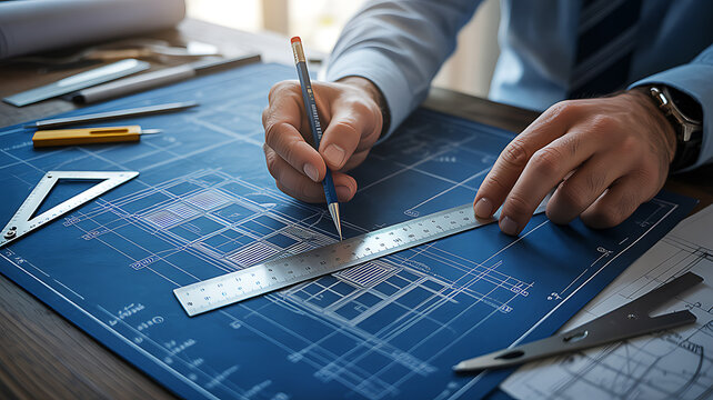 Close-up of a person's hands using a ruler and pencil on a blue architectural blueprint with drafting tools