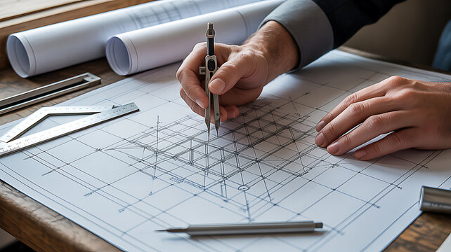 Close-up of a person's hands working on a detailed architectural blueprint with drawing tools on a wooden desk