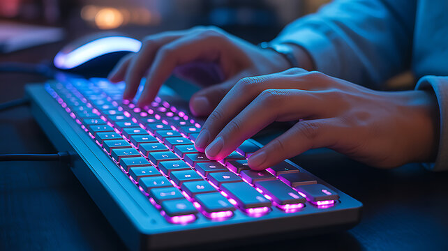 Close-up of hands typing on a backlit keyboard with pink and blue illumination in a dark setting