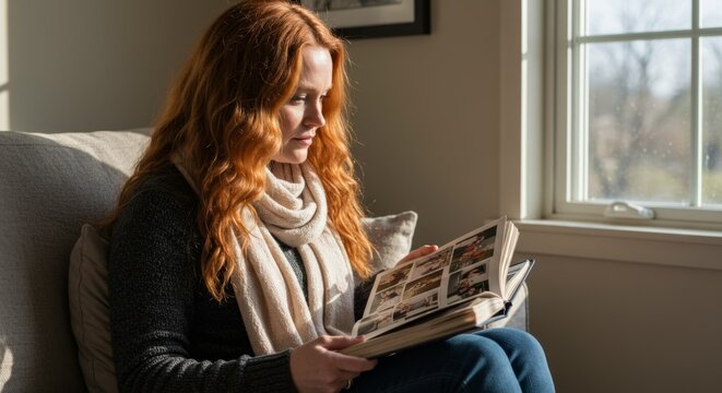 Woman sitting on sofa and looking at photo album. Caucasian girl reliving memories by viewing old photographs. Leisure and nostalgia at home concept.