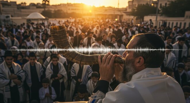 Jewish man blowing shofar with sound wave at a large outdoor religious gathering during Rosh Hashanah holiday.