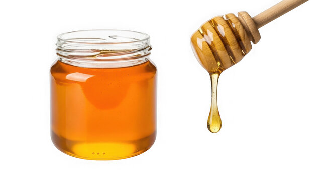 Honey jar with wooden dipper and golden syrup dripping isolated on transparent background