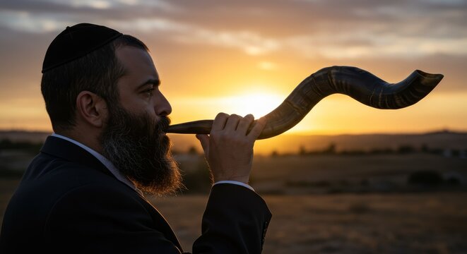 Jewish man wearing yarmulke blowing shofar at sunset. Rosh Hashanah and Yom Kippur celebration. Israeli holiday concept for blessing.