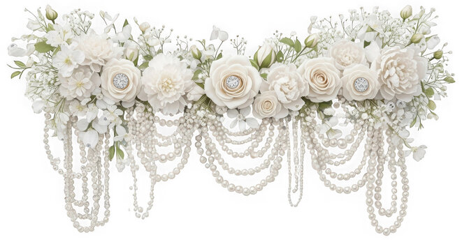 Elegant white flowers and pearl drape arrangement isolated on transparent background