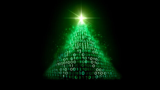 Christmas tree made of binary code numbers with bright star and glow. Digital technology and internet of things concept for holiday.