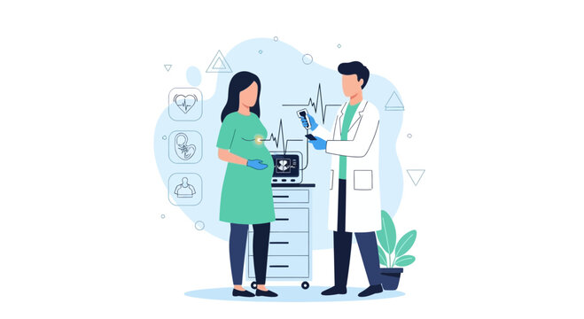 Doctor examines pregnant woman with ultrasound machine, medical checkup, healthcare concept