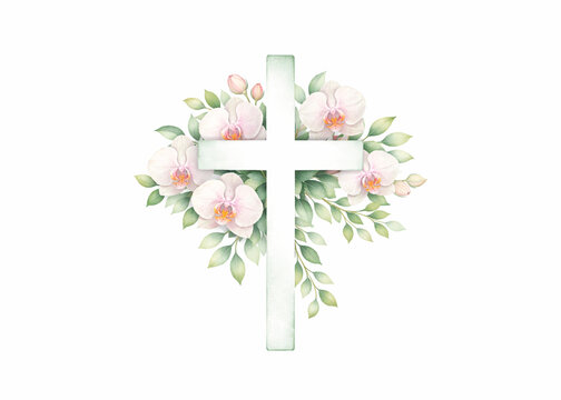 Silver cross with flowers, watercolor style, symbolizing faith, hope, and peace, religious event, sympathy card, church announcement or Easter design project