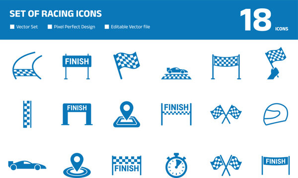 Large set of racing icons featuring checkered flags, finish lines, race cars, and speed symbols in minimalist flat vector style