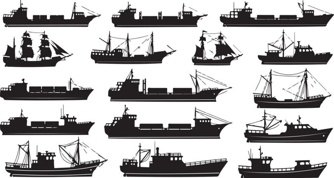 Collection of various ship silhouettes on white background