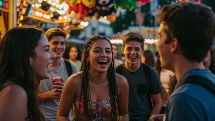 Fototapeta premium Group of happy young adults laughing and interacting at a funfair or amusement park in the evening. Joyful friendship and youth lifestyle concept for advertising.