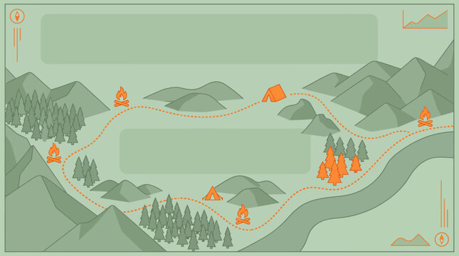 Adventure Trail Map, Campsites Forests River, Outdoor Travel Navigation, Flat Vector Earthy Minimalist, Clean Digital Art.