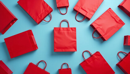 Naklejka premium Red shopping bags pattern on light blue background, perfect for holiday sales, retail marketing, and commercial shopping concepts.