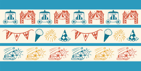 Set of seamless vintage circus and carnival horizontal vector borders. Retro wagons, big top tents abd party flags, ice cream and fireworks, and cannons in red and blue colors. © Aliaksandra