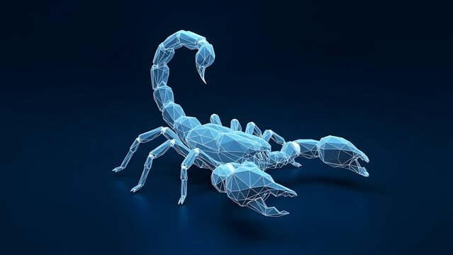 A Futuristic, Wireframe 3D Model of a Scorpion with a Sting Tail and Pincers on a Dark Blue Gradient Background