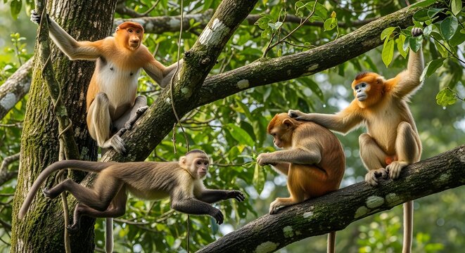 A troop of monkeys enjoys a playful moment amidst lush greenery, showcasing their agility and social interactions