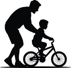 Obraz premium Bicycle child riding with adult holding handlebars for support in silhouette style featuring black, white, teaching