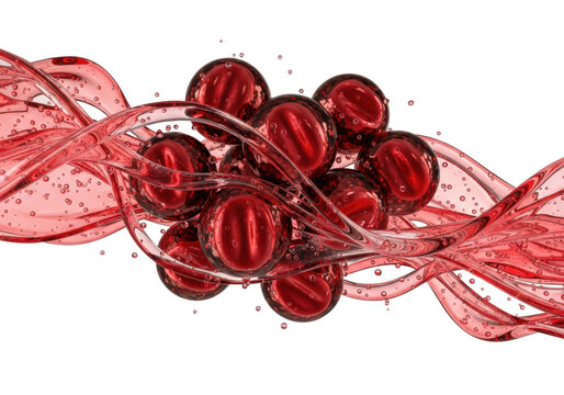 Vibrant glossy red biconcave cells with translucent fluid and bubbles isolated on white background, scientific medical visualization concept