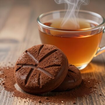 Steaming hot cup of tea with chocolate cookie on rustic wooden table.