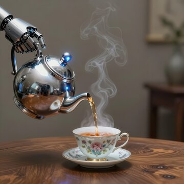 Robotic arm pouring hot tea from shiny metal kettle into delicate cup.