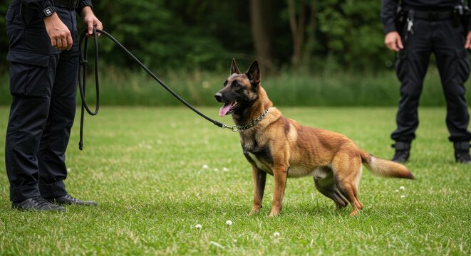 Belgian malinois working dog on a leash with a handler standing on green grass. K9 unit training and service animal concept for police.
