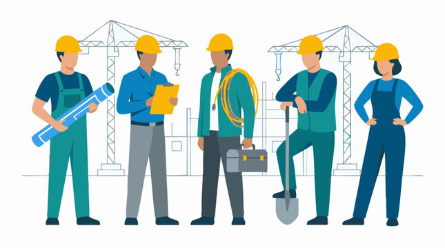 Construction workers team on a building site, diverse roles illustration