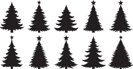 Obraz premium Black Christmas Tree Silhouettes with Stars on White Background
