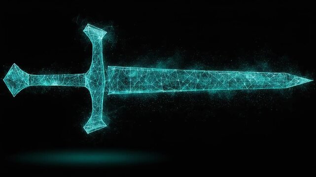 Glowing ethereal sword in teal color with connected lines and particle effects, set against a dark background