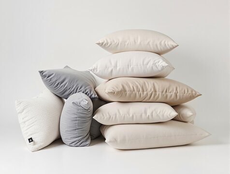 A meticulously arranged pyramid of soft, comfortable throw pillows in neutral tones of cream, beige, and grey, showcasing plush fabric textures and a clean, minimalist aesthetic against a pu
