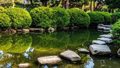 Fototapeta premium Tranquil Japanese Garden with Stone Pathway and Reflective Pond
