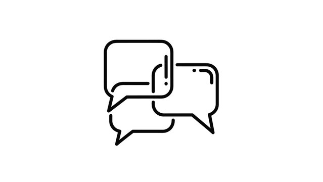 Minimalist black line art icon of overlapping speech bubbles, representing communication, social interaction, and messaging concepts for apps.