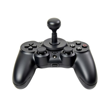 Black gaming controller with joystick.